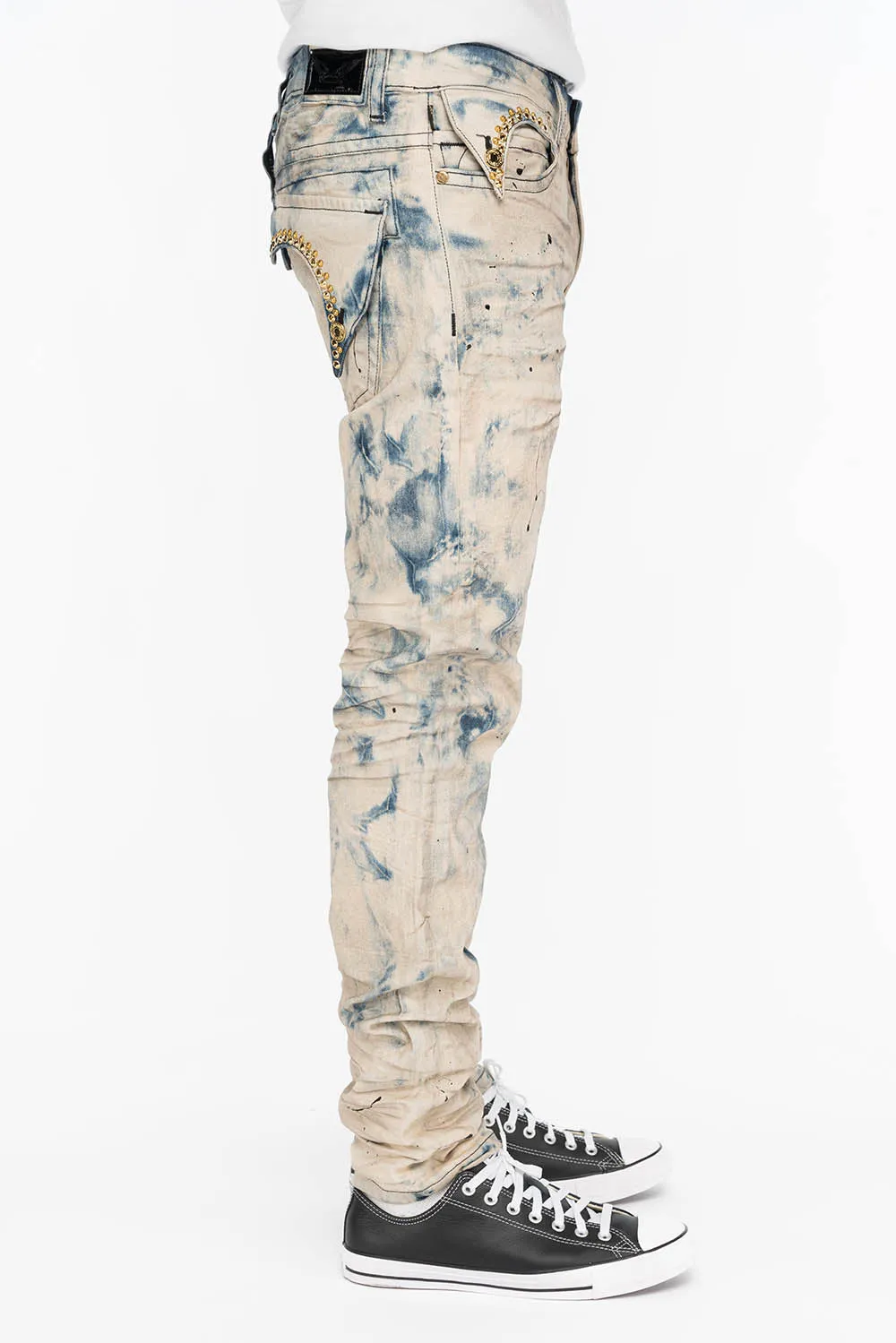 KILLER FLAP MENS SLIM JEANS IN FROZEN WASH WITH GOLD CRYSTALS