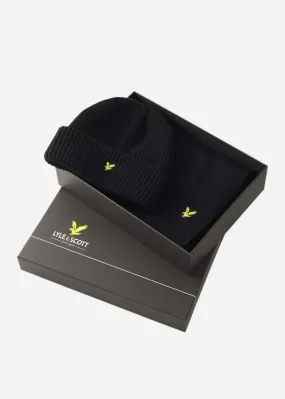 Lambswool ribbed beanie scarf set - jet black