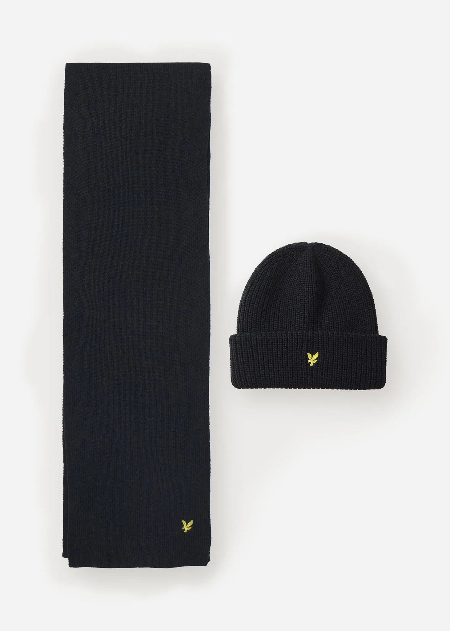 Lambswool ribbed beanie scarf set - jet black