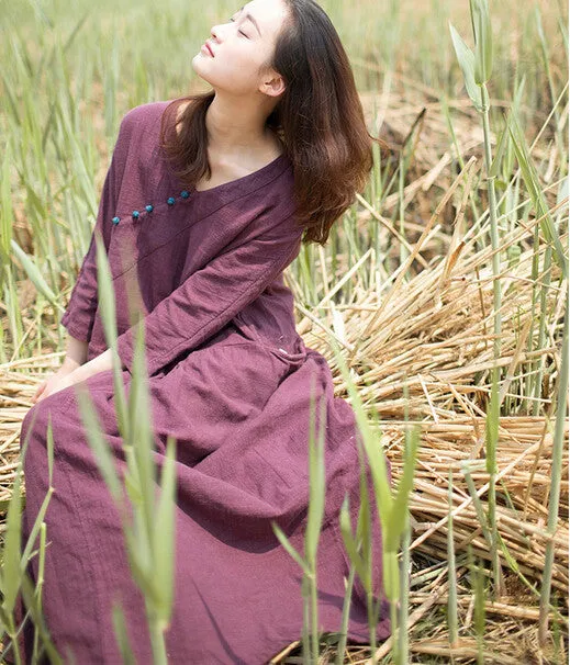 loose fitting linen dress,3 quarter sleeve comfortable loose long dress,retro robe,gown,zen,long tunic,caftan