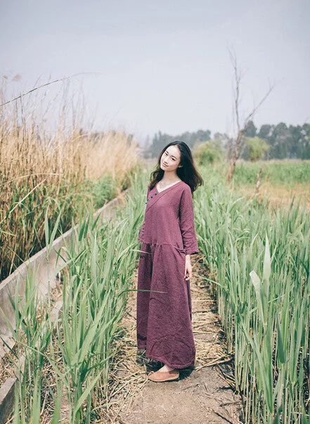 loose fitting linen dress,3 quarter sleeve comfortable loose long dress,retro robe,gown,zen,long tunic,caftan