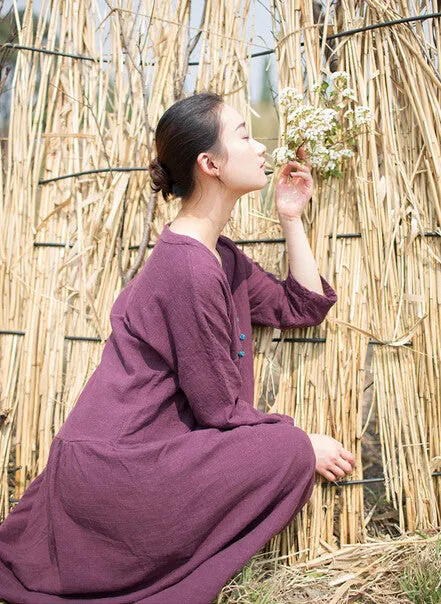 loose fitting linen dress,3 quarter sleeve comfortable loose long dress,retro robe,gown,zen,long tunic,caftan