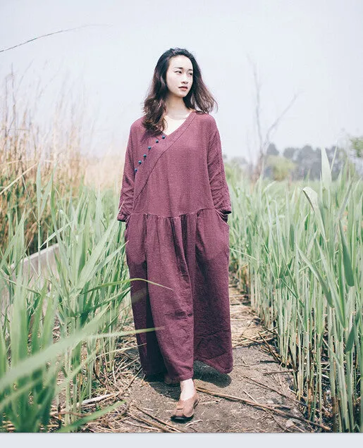 loose fitting linen dress,3 quarter sleeve comfortable loose long dress,retro robe,gown,zen,long tunic,caftan