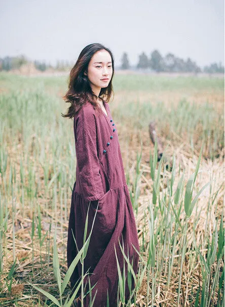 loose fitting linen dress,3 quarter sleeve comfortable loose long dress,retro robe,gown,zen,long tunic,caftan