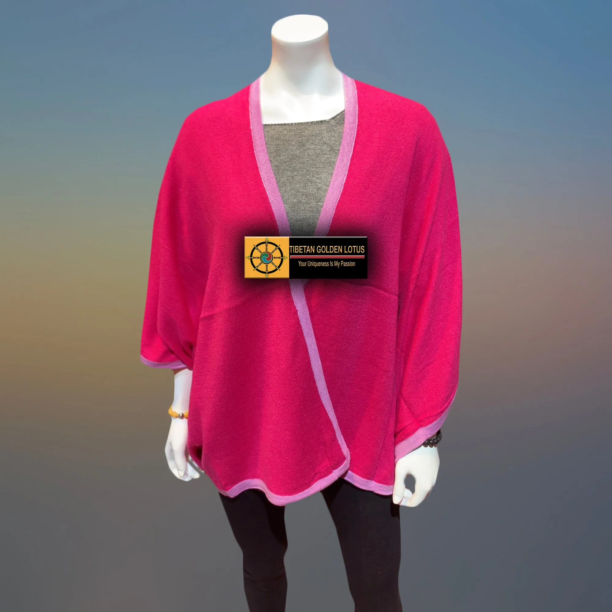 Magenta Tibetan Golden Lotus Cashmere Cape Ruana, Poncho Wrap