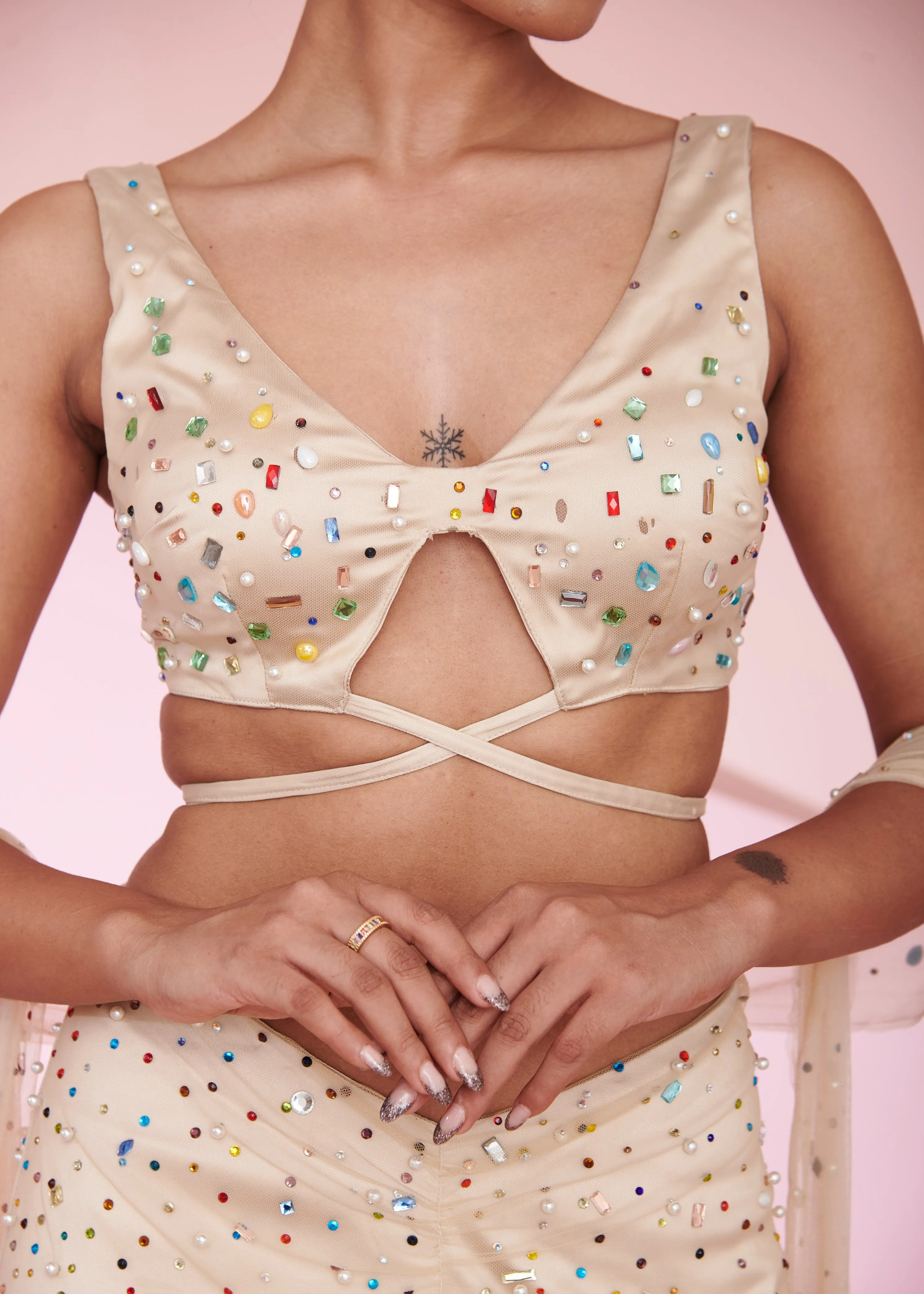 Novi Nude Rhinestone Hand Embroidered Coord Set