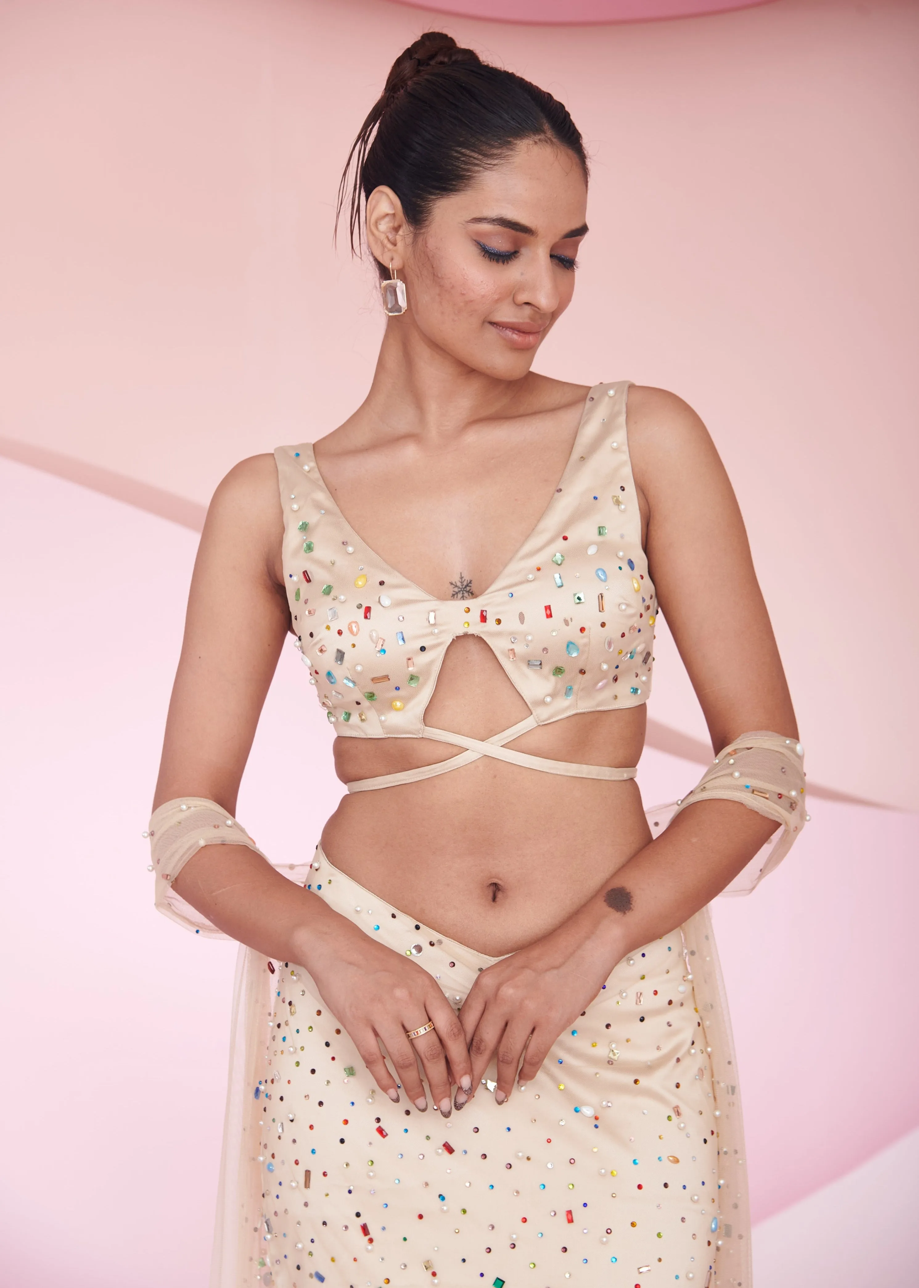 Novi Nude Rhinestone Hand Embroidered Coord Set