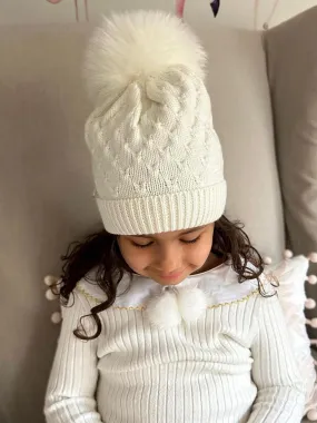 Petite Maison Kids Ivory 'Parker' Fur Pom Beanie Hat