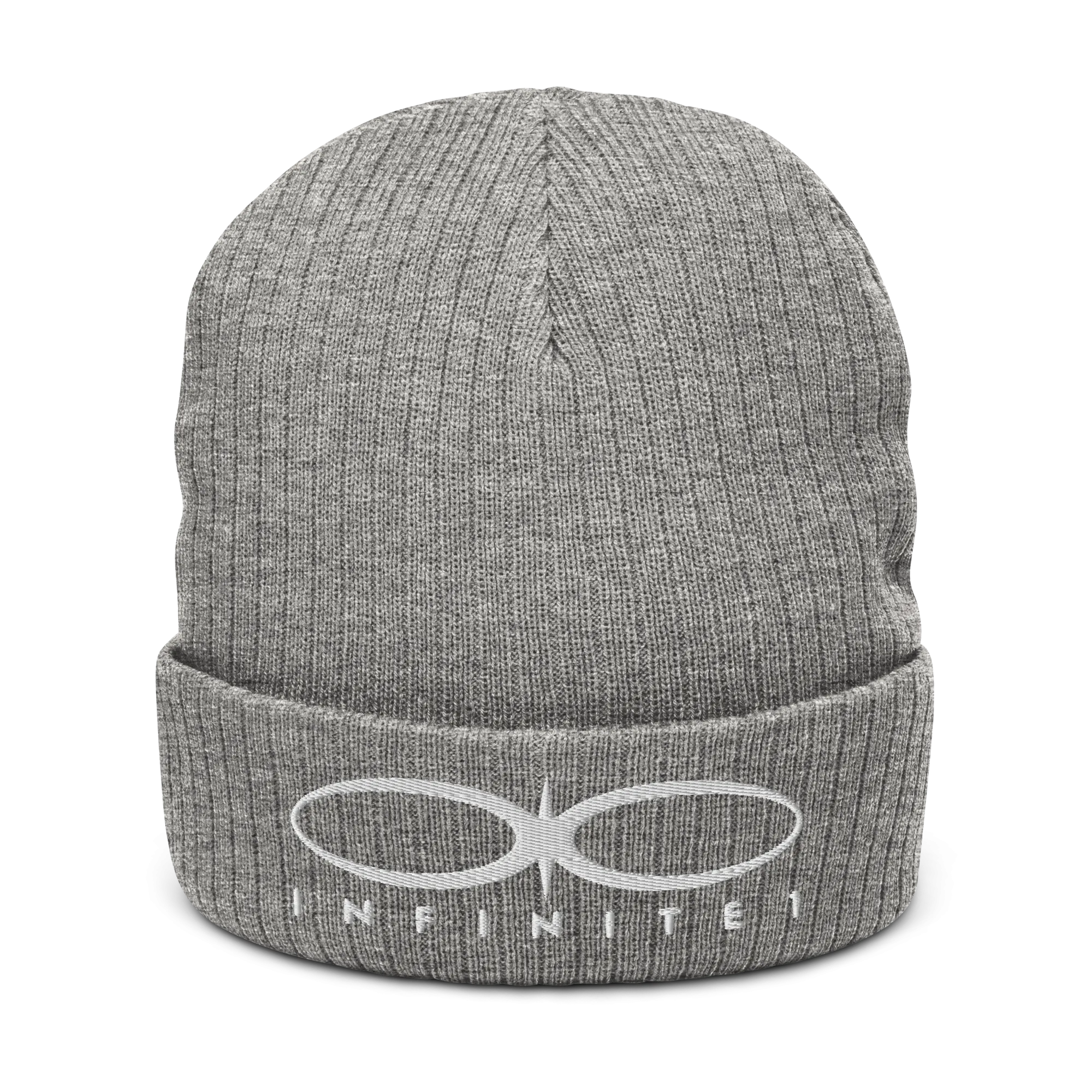 Ribbed Logo Over Text Light Grey Knit Beanie