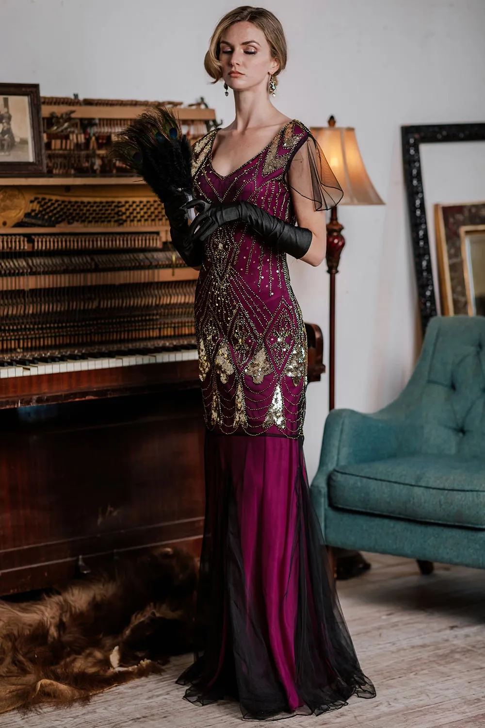 Rose Red 1920s Sequined Maxi Flapper Dress