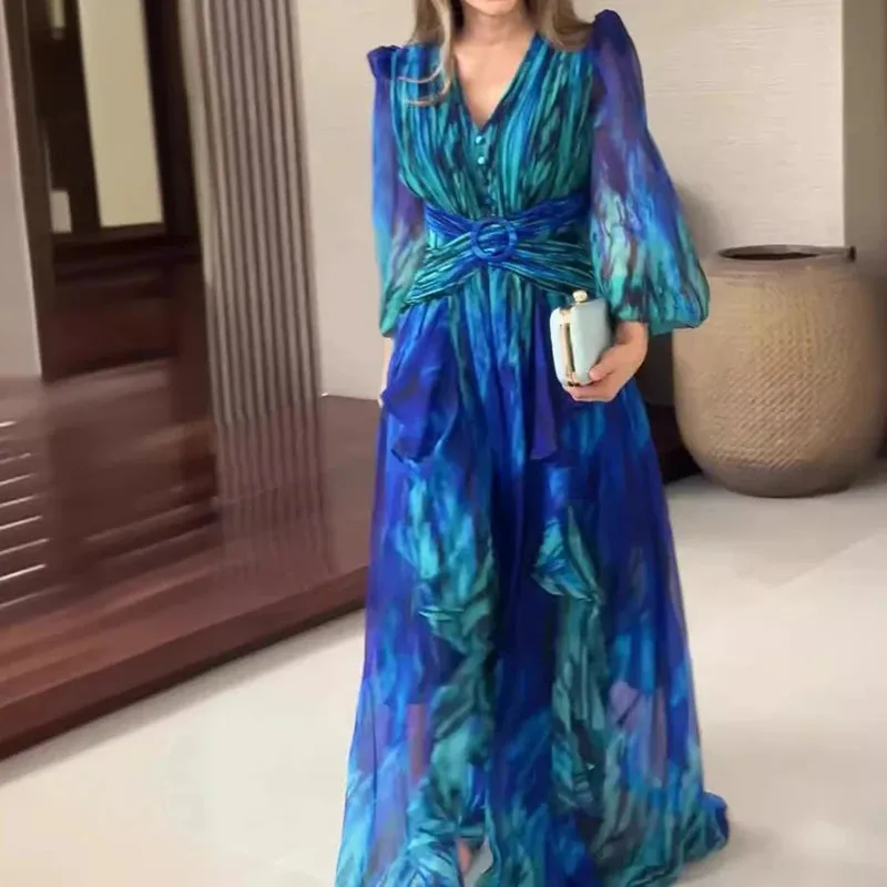 UAKISS  -  2024 Elegant V-Nek Long Sleeve Dress French Retro Pleat Graphic Chiffon Maxi Dress Women Chic Cross Waisted Party Evening Dress