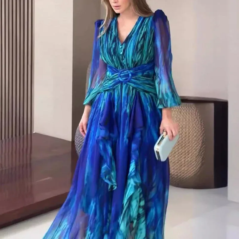 UAKISS  -  2024 Elegant V-Nek Long Sleeve Dress French Retro Pleat Graphic Chiffon Maxi Dress Women Chic Cross Waisted Party Evening Dress