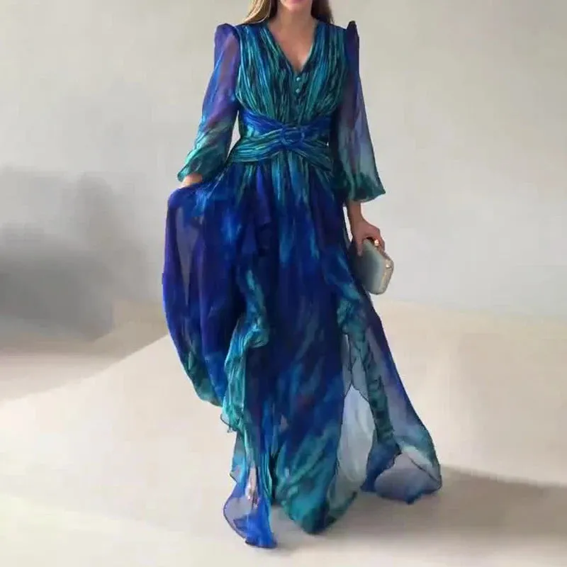 UAKISS  -  2024 Elegant V-Nek Long Sleeve Dress French Retro Pleat Graphic Chiffon Maxi Dress Women Chic Cross Waisted Party Evening Dress