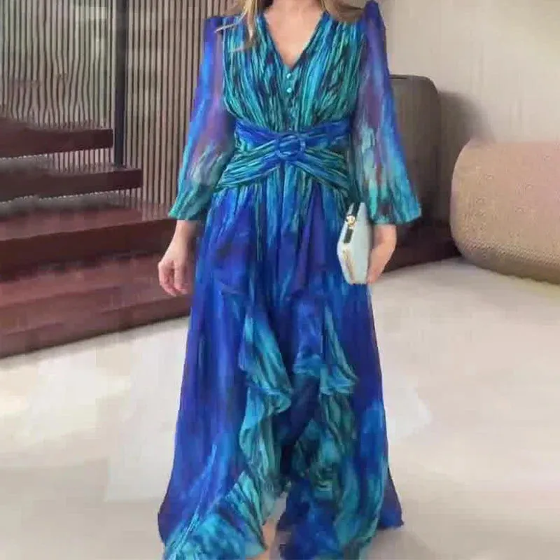 UAKISS  -  2024 Elegant V-Nek Long Sleeve Dress French Retro Pleat Graphic Chiffon Maxi Dress Women Chic Cross Waisted Party Evening Dress