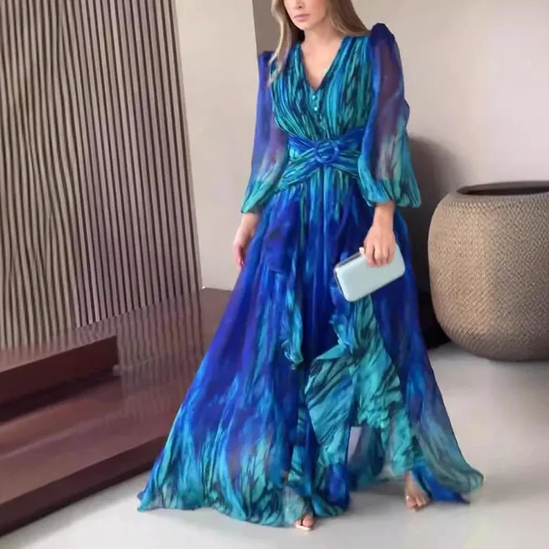 UAKISS  -  2024 Elegant V-Nek Long Sleeve Dress French Retro Pleat Graphic Chiffon Maxi Dress Women Chic Cross Waisted Party Evening Dress