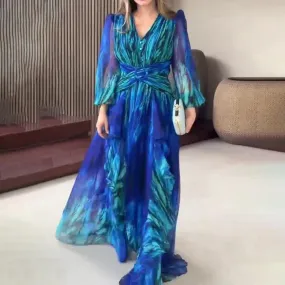 UAKISS  -  2024 Elegant V-Nek Long Sleeve Dress French Retro Pleat Graphic Chiffon Maxi Dress Women Chic Cross Waisted Party Evening Dress