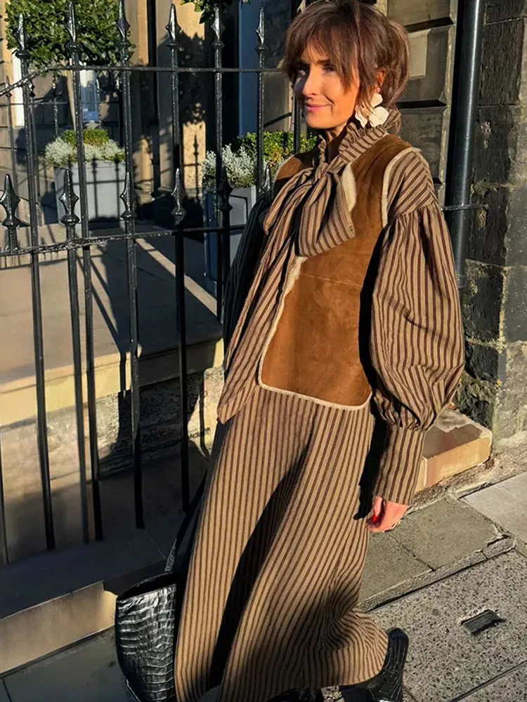 UAKISS  -  Retro Brown Stripe Lantern Sleeve Woman Maxi Dress Elegant Lace Up Casual Loose Long Dresses 2025 Spring Summer Chic Street Robe