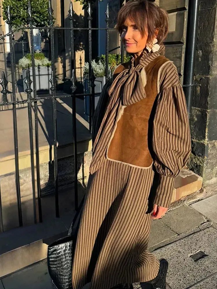 UAKISS  -  Retro Brown Stripe Lantern Sleeve Woman Maxi Dress Elegant Lace Up Casual Loose Long Dresses 2025 Spring Summer Chic Street Robe