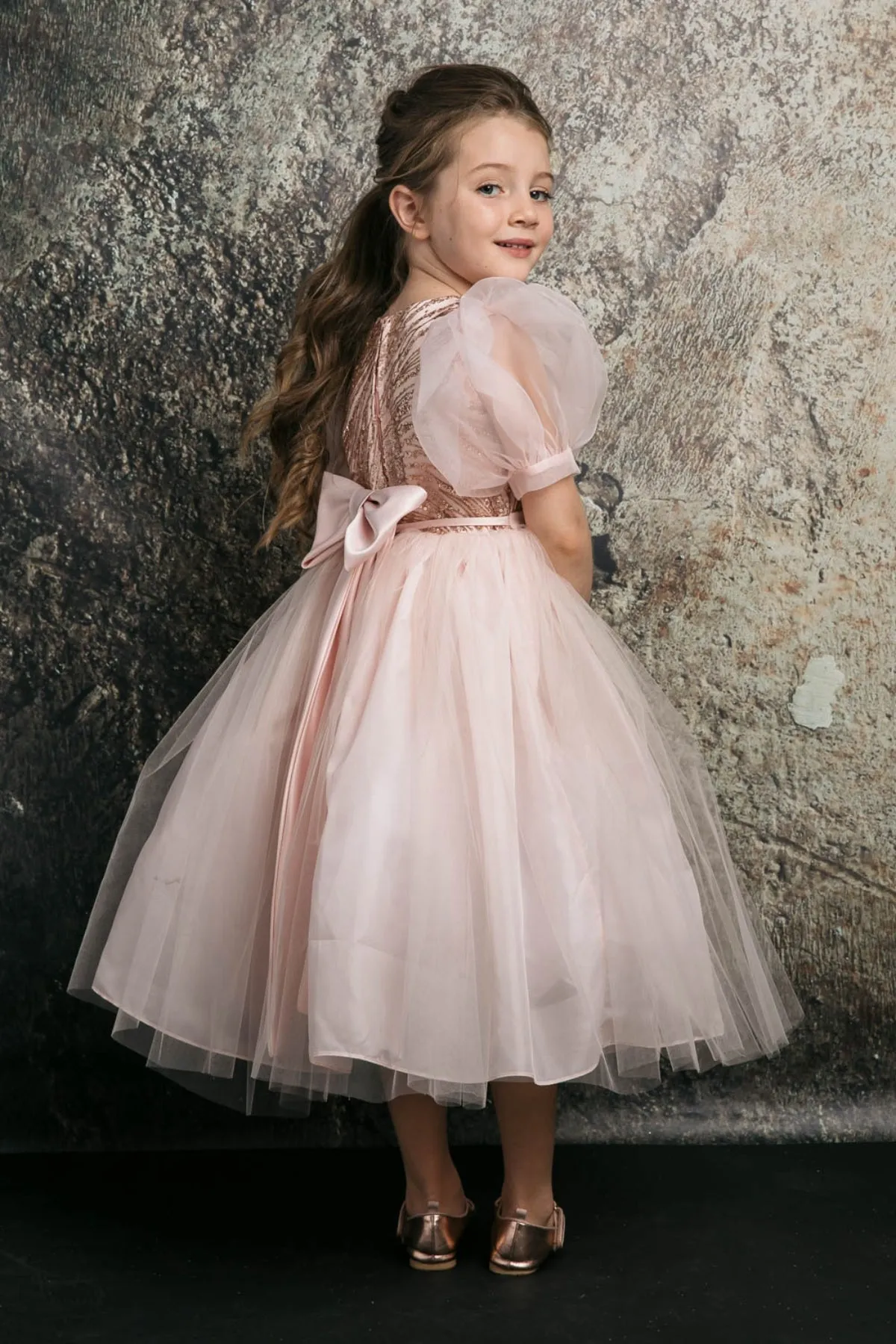 Valentina Glitter & Tulle Girls Dress with Organza Bubble Sleeves