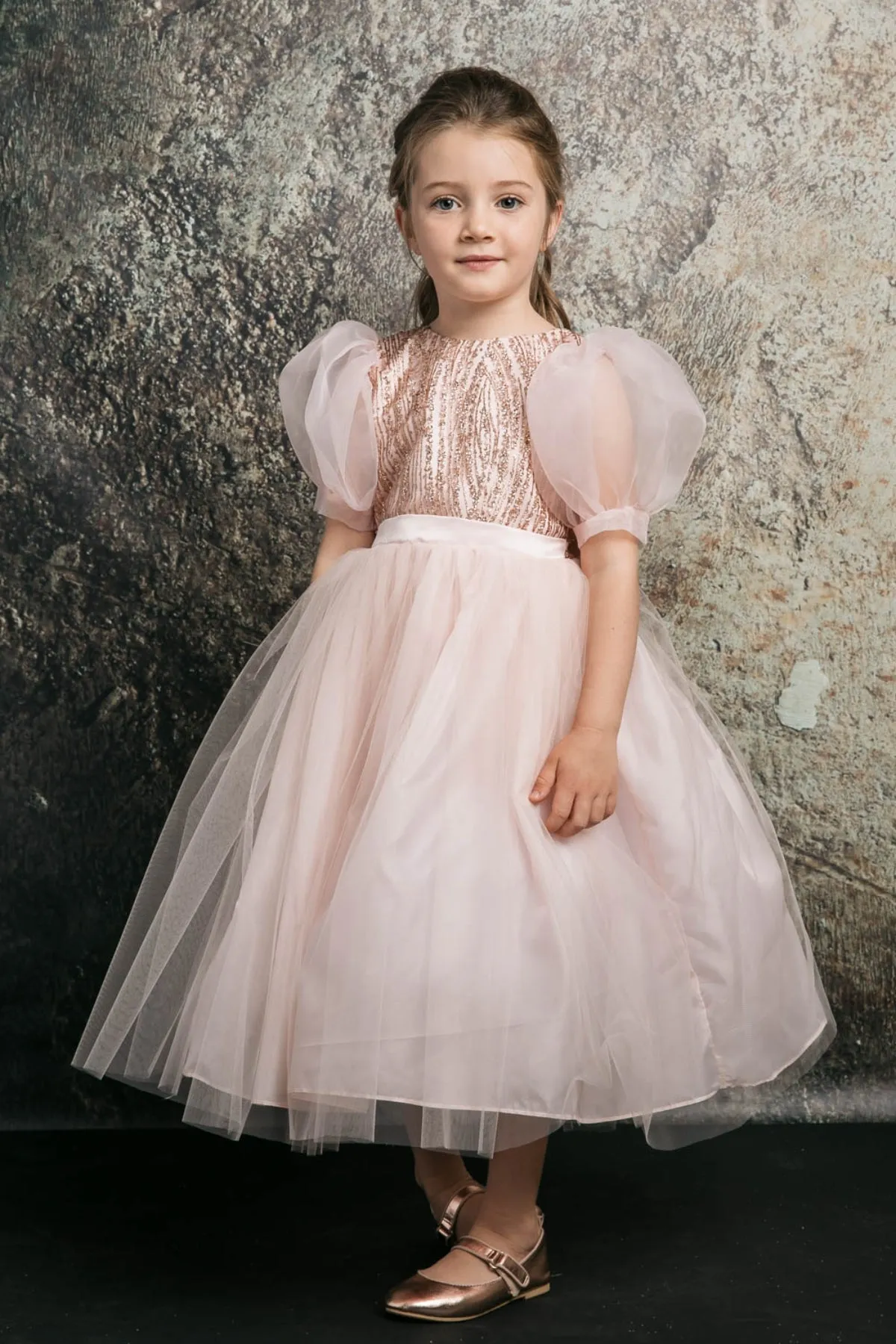 Valentina Glitter & Tulle Girls Dress with Organza Bubble Sleeves