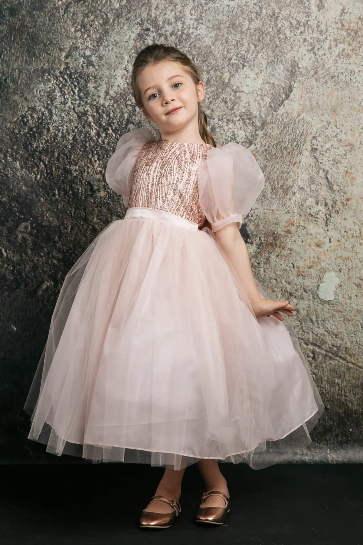 Valentina Glitter & Tulle Girls Dress with Organza Bubble Sleeves