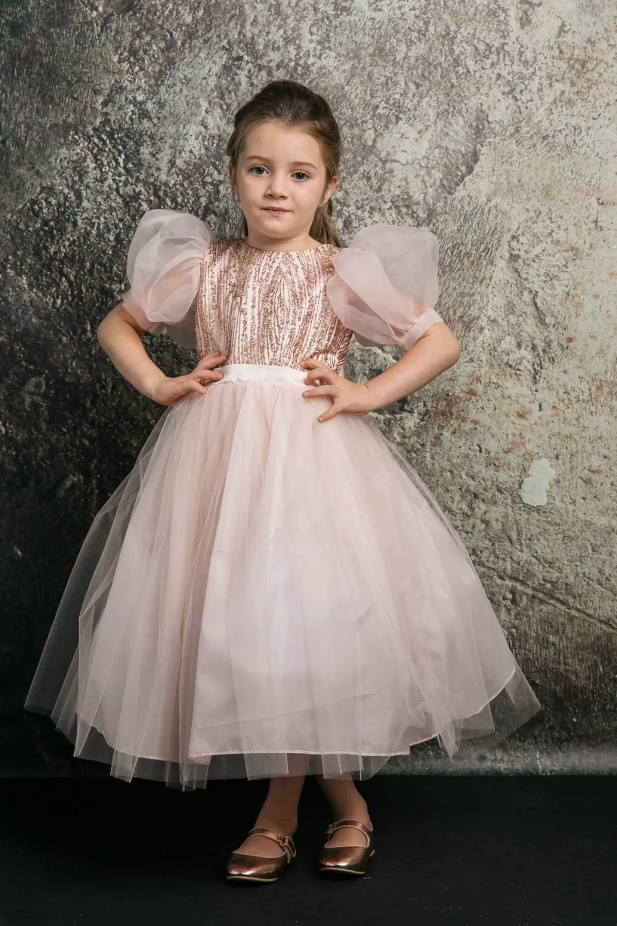 Valentina Glitter & Tulle Girls Dress with Organza Bubble Sleeves
