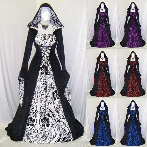 Women Gothic Maxi Dress Halloween Cosplay Dresses Retro Long Medieval Dress