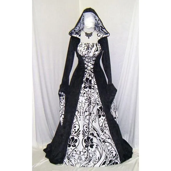 Women Gothic Maxi Dress Halloween Cosplay Dresses Retro Long Medieval Dress