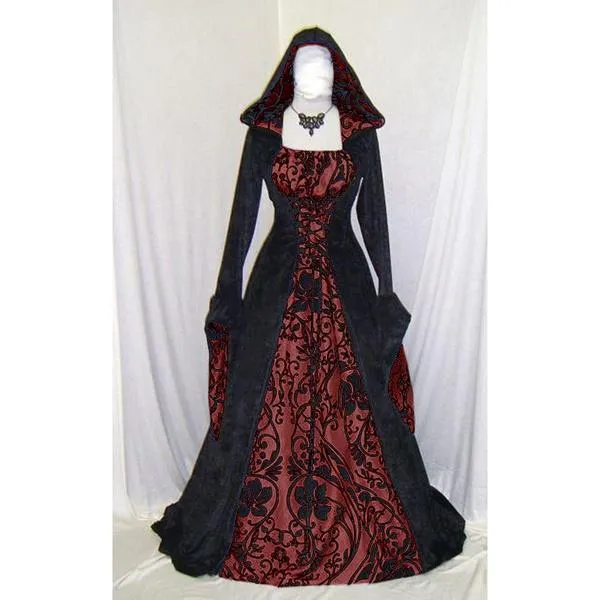 Women Gothic Maxi Dress Halloween Cosplay Dresses Retro Long Medieval Dress