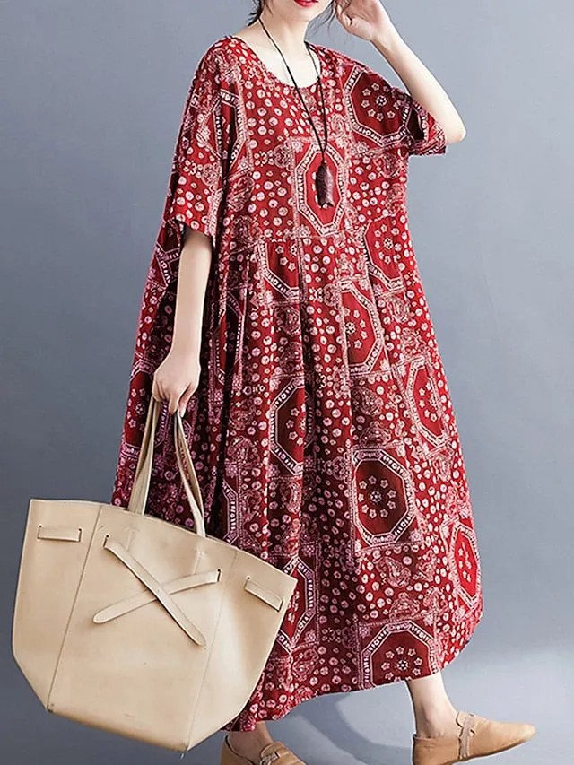 Women's Long Dress Maxi Dress Casual Dress Ethnic Dress Swing Dress Tribal Retro Vintage Daily Holiday Vacation Pocket Print Half Sleeve Crew Neck Dress Loose Fit Black Red Navy Blue Summer Spring