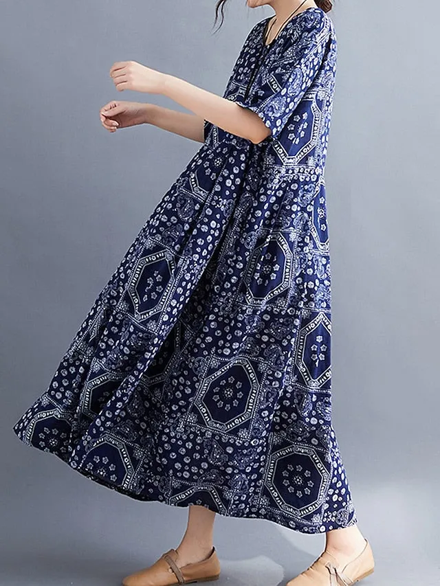 Women's Long Dress Maxi Dress Casual Dress Ethnic Dress Swing Dress Tribal Retro Vintage Daily Holiday Vacation Pocket Print Half Sleeve Crew Neck Dress Loose Fit Black Red Navy Blue Summer Spring