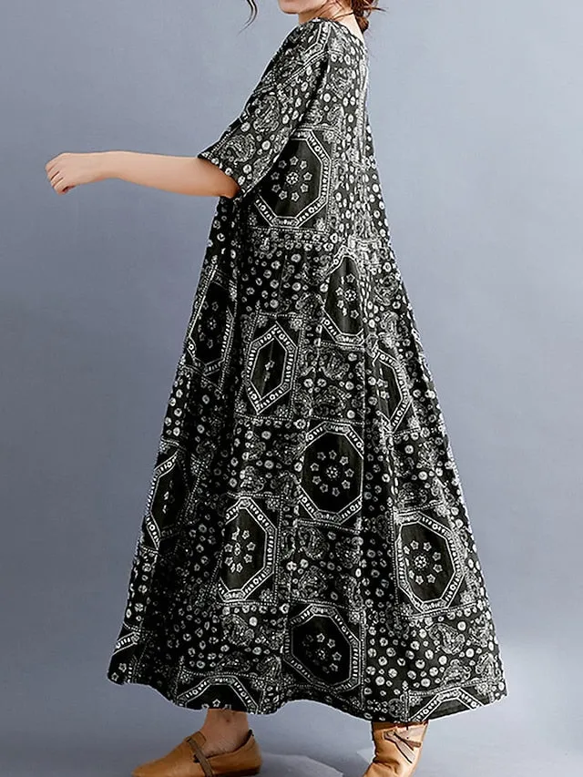 Women's Long Dress Maxi Dress Casual Dress Ethnic Dress Swing Dress Tribal Retro Vintage Daily Holiday Vacation Pocket Print Half Sleeve Crew Neck Dress Loose Fit Black Red Navy Blue Summer Spring