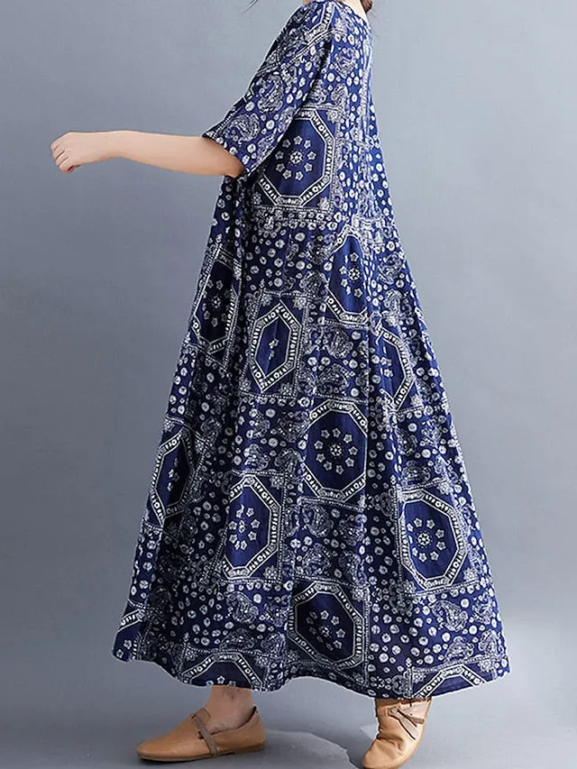 Women's Long Dress Maxi Dress Casual Dress Ethnic Dress Swing Dress Tribal Retro Vintage Daily Holiday Vacation Pocket Print Half Sleeve Crew Neck Dress Loose Fit Black Red Navy Blue Summer Spring