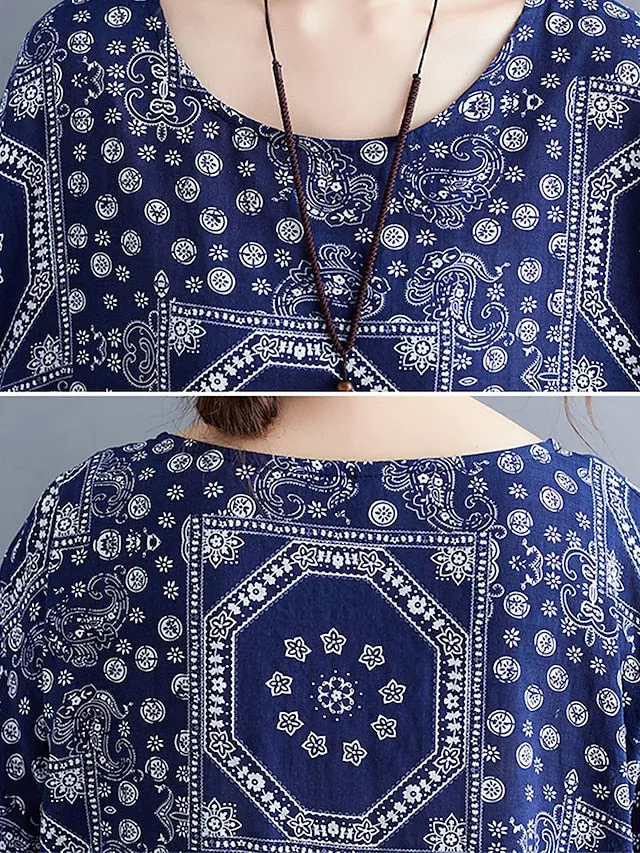Women's Long Dress Maxi Dress Casual Dress Ethnic Dress Swing Dress Tribal Retro Vintage Daily Holiday Vacation Pocket Print Half Sleeve Crew Neck Dress Loose Fit Black Red Navy Blue Summer Spring