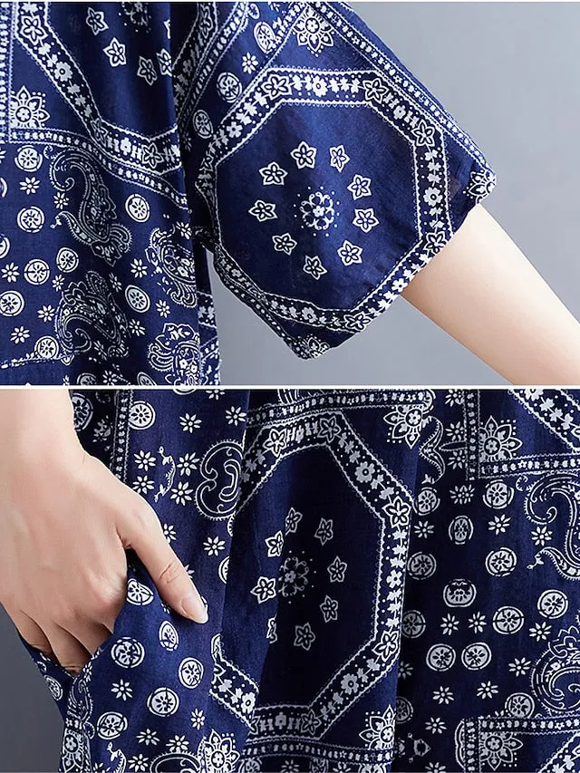 Women's Long Dress Maxi Dress Casual Dress Ethnic Dress Swing Dress Tribal Retro Vintage Daily Holiday Vacation Pocket Print Half Sleeve Crew Neck Dress Loose Fit Black Red Navy Blue Summer Spring