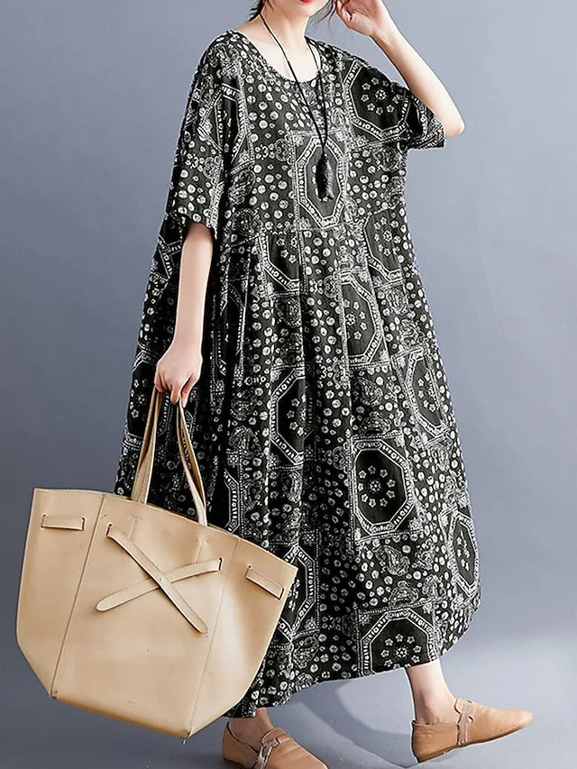 Women's Long Dress Maxi Dress Casual Dress Ethnic Dress Swing Dress Tribal Retro Vintage Daily Holiday Vacation Pocket Print Half Sleeve Crew Neck Dress Loose Fit Black Red Navy Blue Summer Spring
