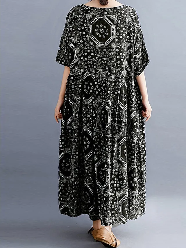 Women's Long Dress Maxi Dress Casual Dress Ethnic Dress Swing Dress Tribal Retro Vintage Daily Holiday Vacation Pocket Print Half Sleeve Crew Neck Dress Loose Fit Black Red Navy Blue Summer Spring