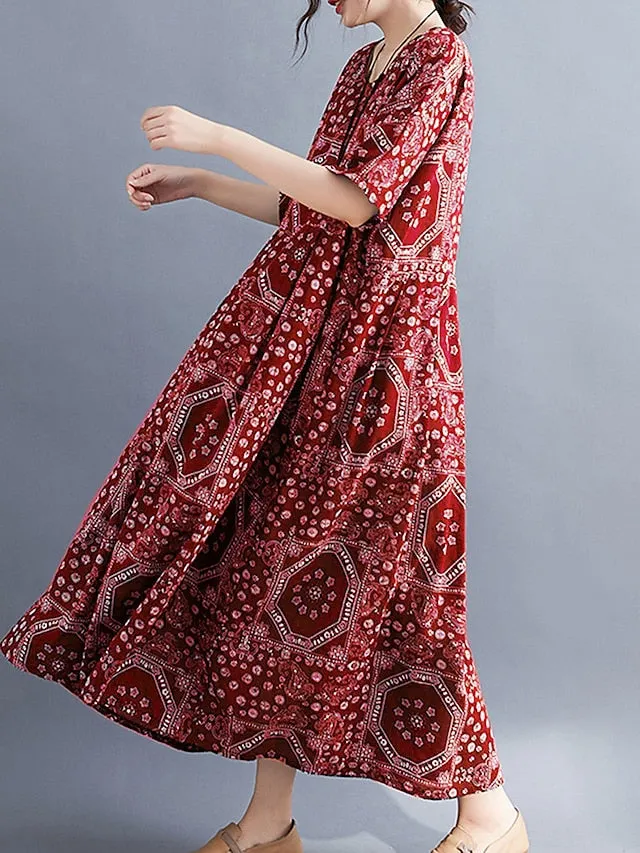 Women's Long Dress Maxi Dress Casual Dress Ethnic Dress Swing Dress Tribal Retro Vintage Daily Holiday Vacation Pocket Print Half Sleeve Crew Neck Dress Loose Fit Black Red Navy Blue Summer Spring