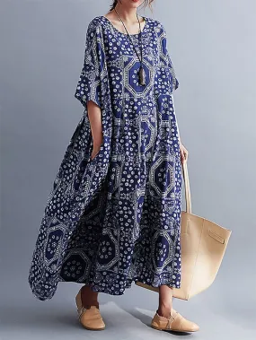Women's Long Dress Maxi Dress Casual Dress Ethnic Dress Swing Dress Tribal Retro Vintage Daily Holiday Vacation Pocket Print Half Sleeve Crew Neck Dress Loose Fit Black Red Navy Blue Summer Spring