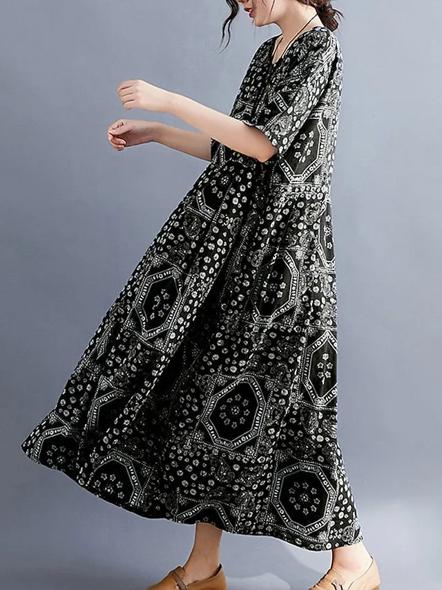 Women's Long Dress Maxi Dress Casual Dress Ethnic Dress Swing Dress Tribal Retro Vintage Daily Holiday Vacation Pocket Print Half Sleeve Crew Neck Dress Loose Fit Black Red Navy Blue Summer Spring